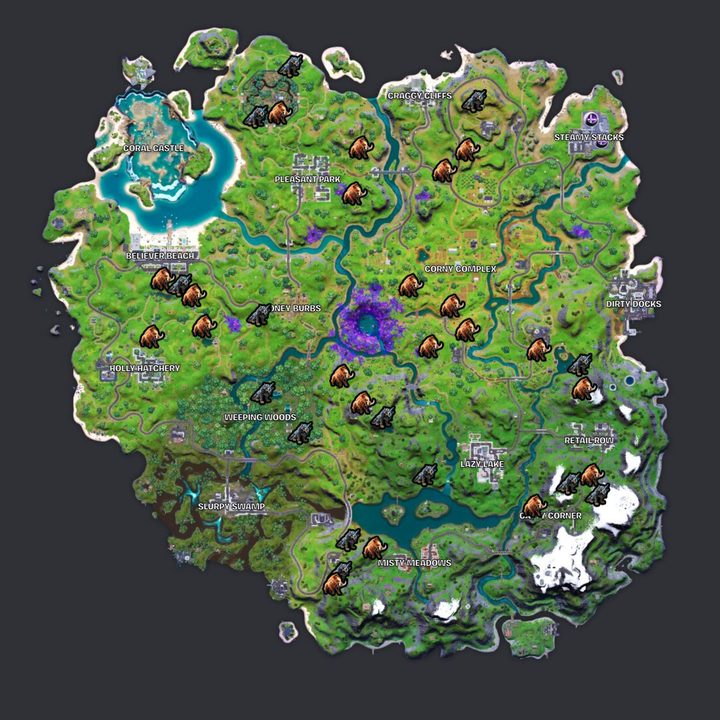 Map of wildlife in Fortnite.