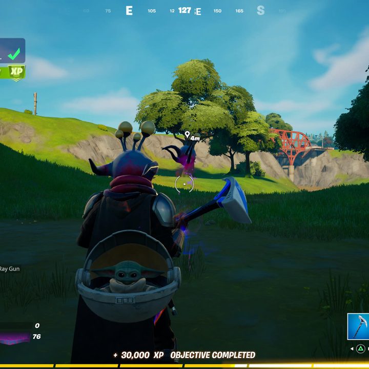Alien parasite on the head of player in Fortnite.