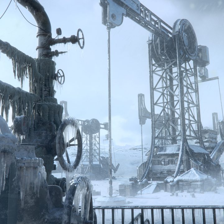 A frozen oil rig stands tall in Frostpunk 2.