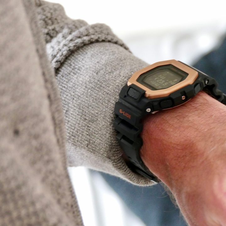 The G Shock GBX-100NS from the side on a wrist.