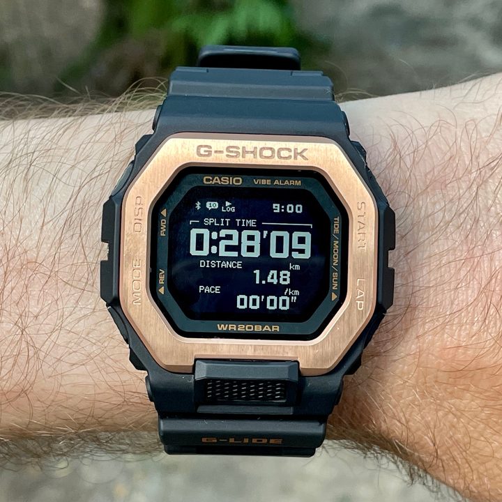 The G Shock GBX-100NS on a wrist.