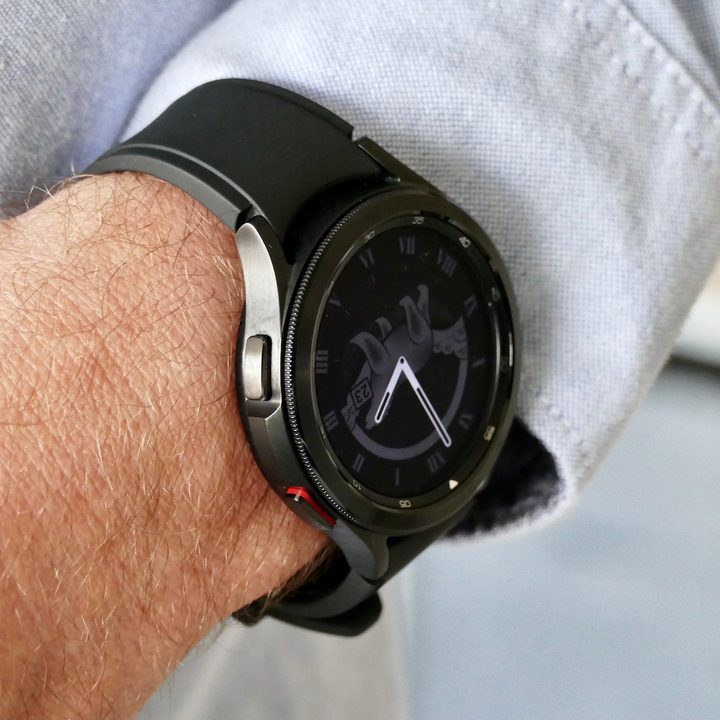 The Galaxy Watch 4 Classic on the wrist, showing the buttons.