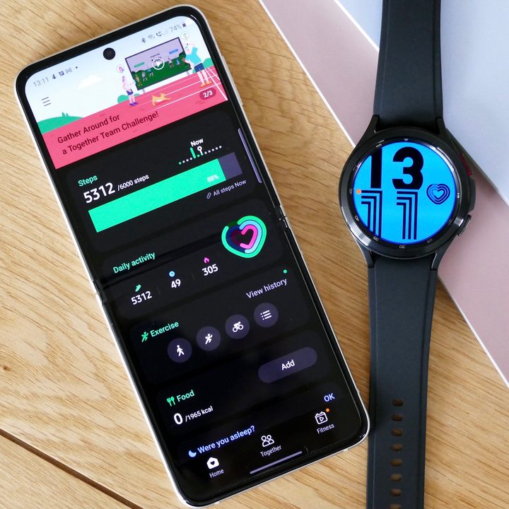 Samsung Health screen, and the Galaxy Watch 4 Classic.