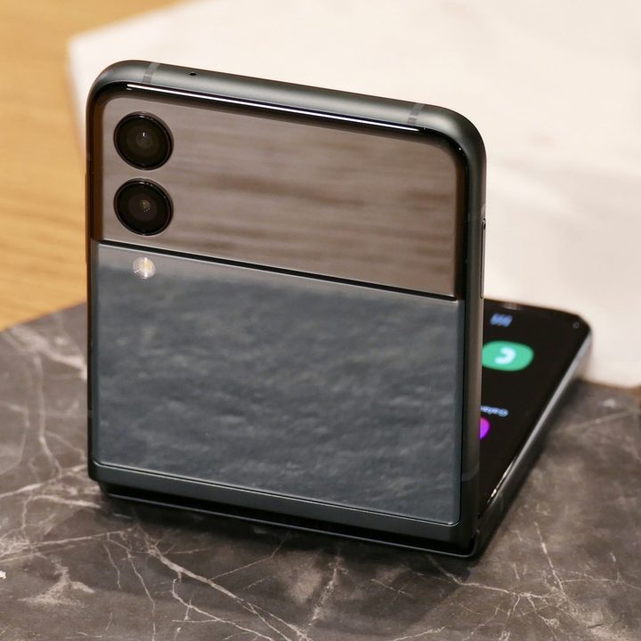 Galaxy Z Flip 3 camera module seen from the back.