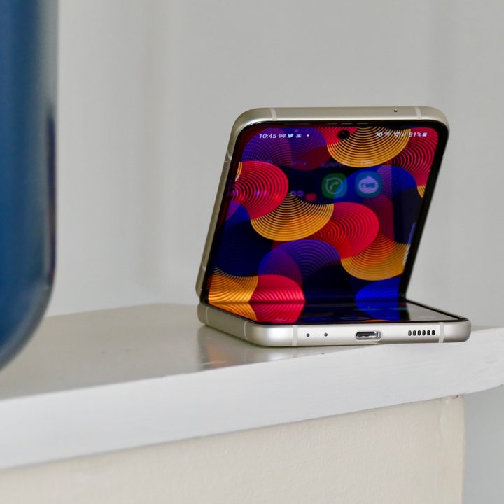 Galaxy Z Flip 3 open with charge port.