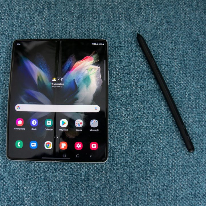 Samsung Galaxy Z Fold 3 with stylus.