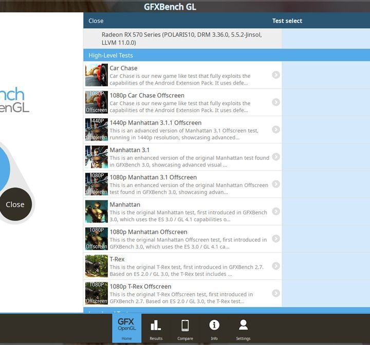 GFXBench 5.0 benchmark test options.