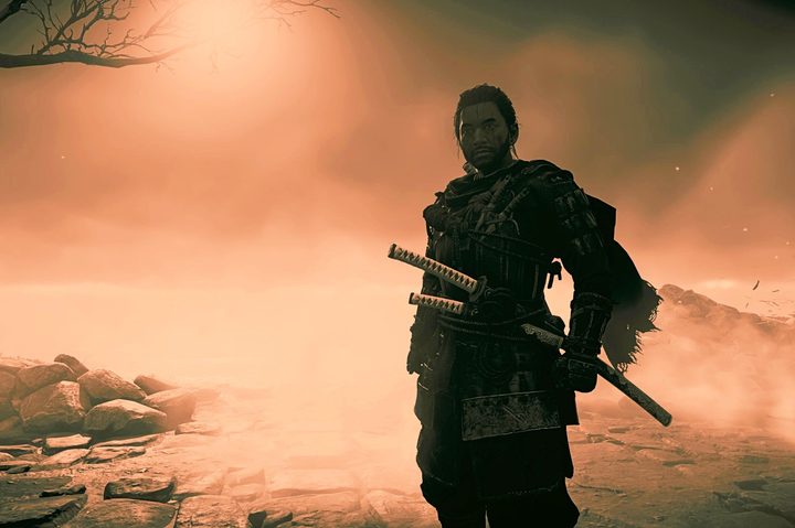 Jin in his ghost armor in front of a light brown background.