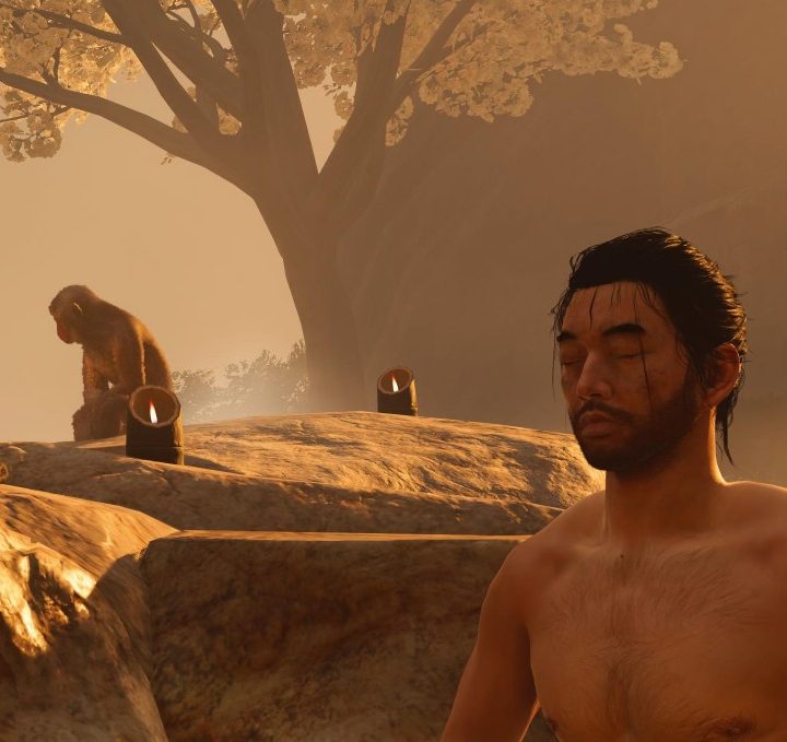 Jin relaxes with a monkey in a hot spring in Ghost of Tsushima.