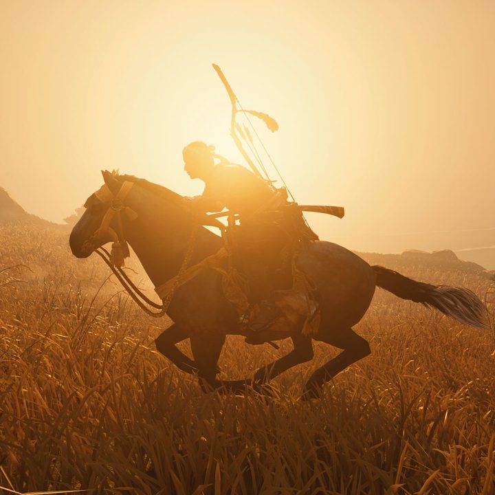 Jin rides his horse across the screenn as the sun sets behind him.
