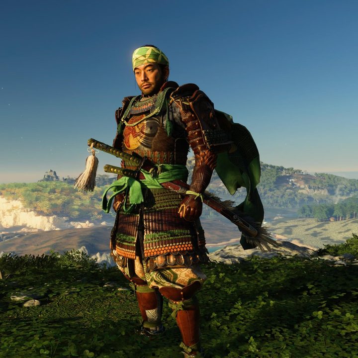 Jin wearing the Sarugami armor with Iki Island in the background.