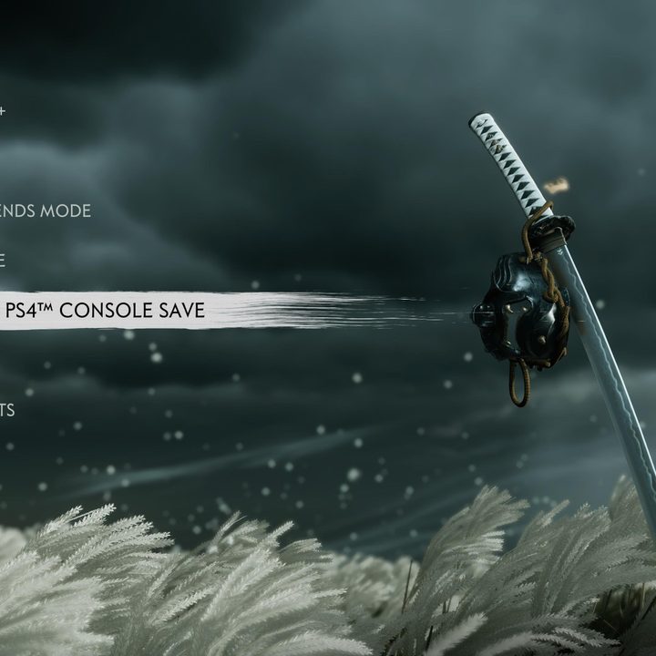 The title screen of Ghost of Tsushima: Director's Cut PS4 transfer save data.