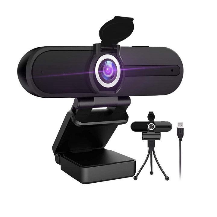 The HZQ W8A webcam with its privacy shutter open and next to an image of its tripod and USB cord, all on a white background.