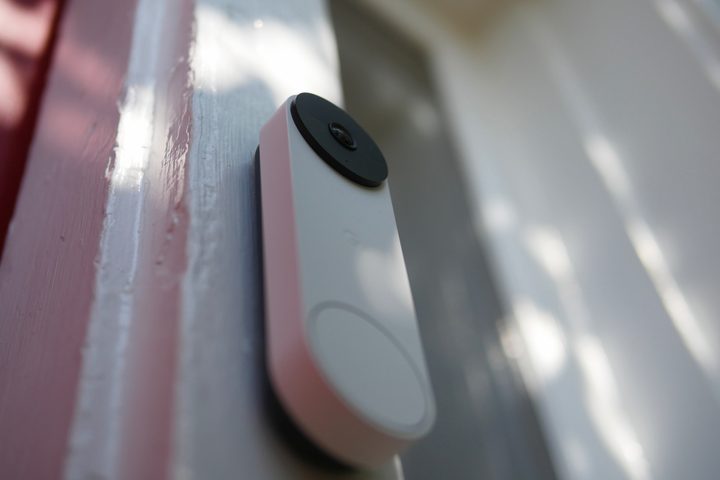 Closeup of Google Nest Doorbell (battery) on outside of door.
