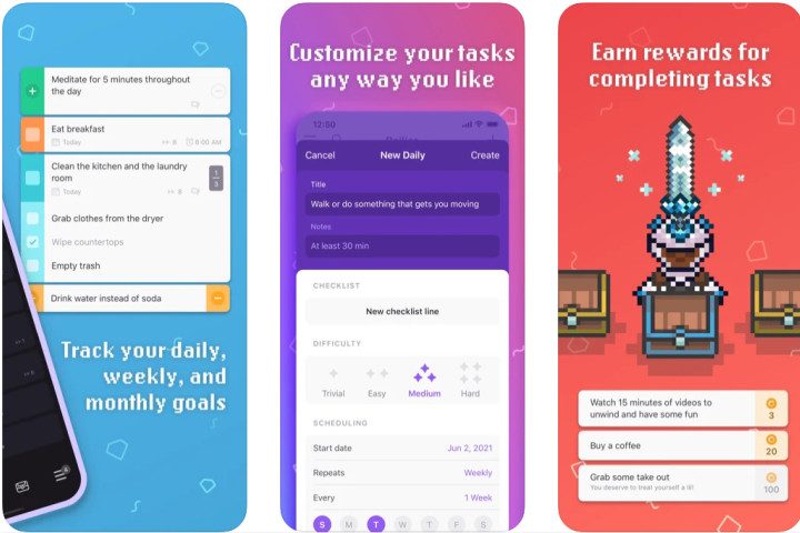 Three screens from the Habitica to-do list app.