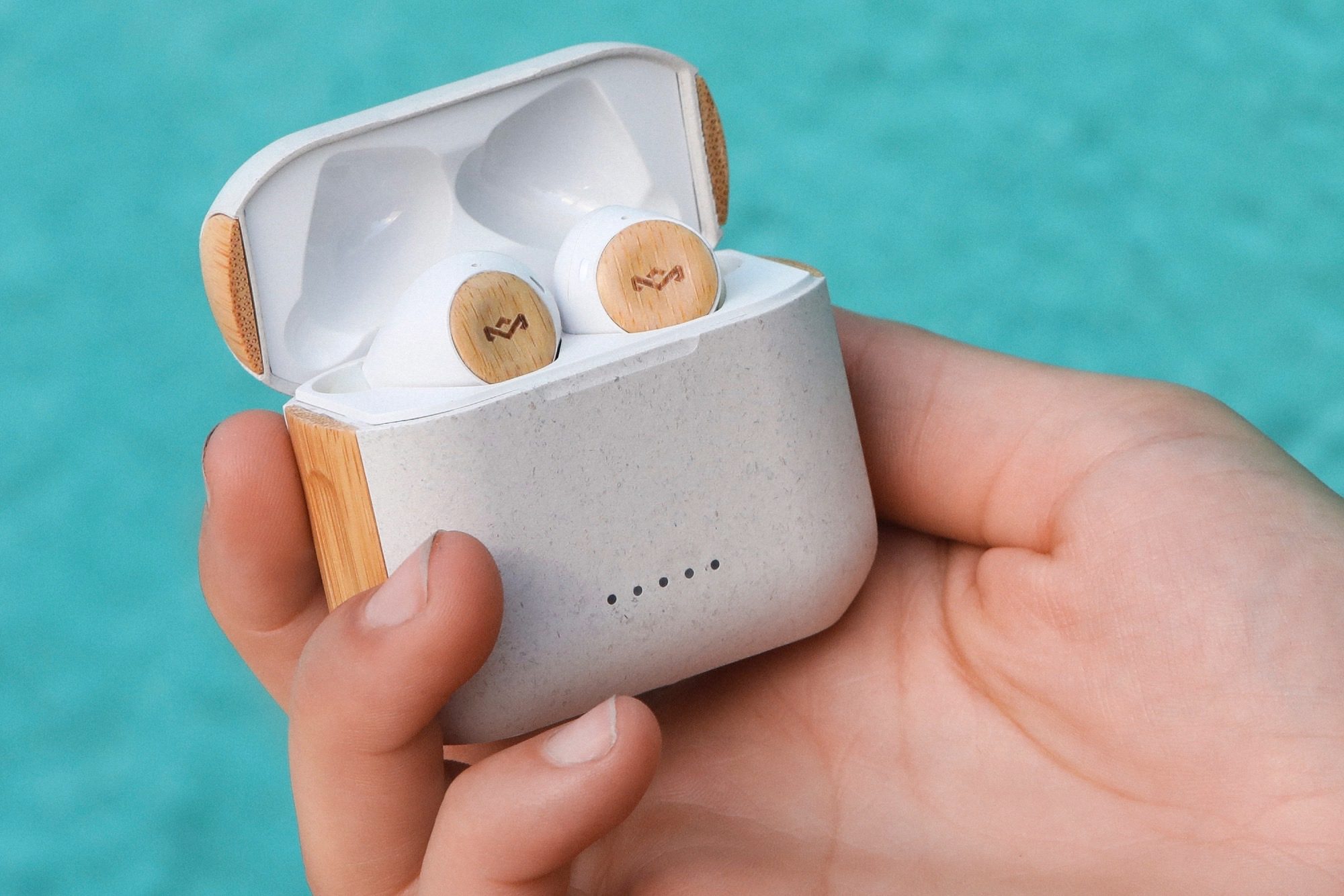 House of Marley Rebel True Wireless Earbuds in white.