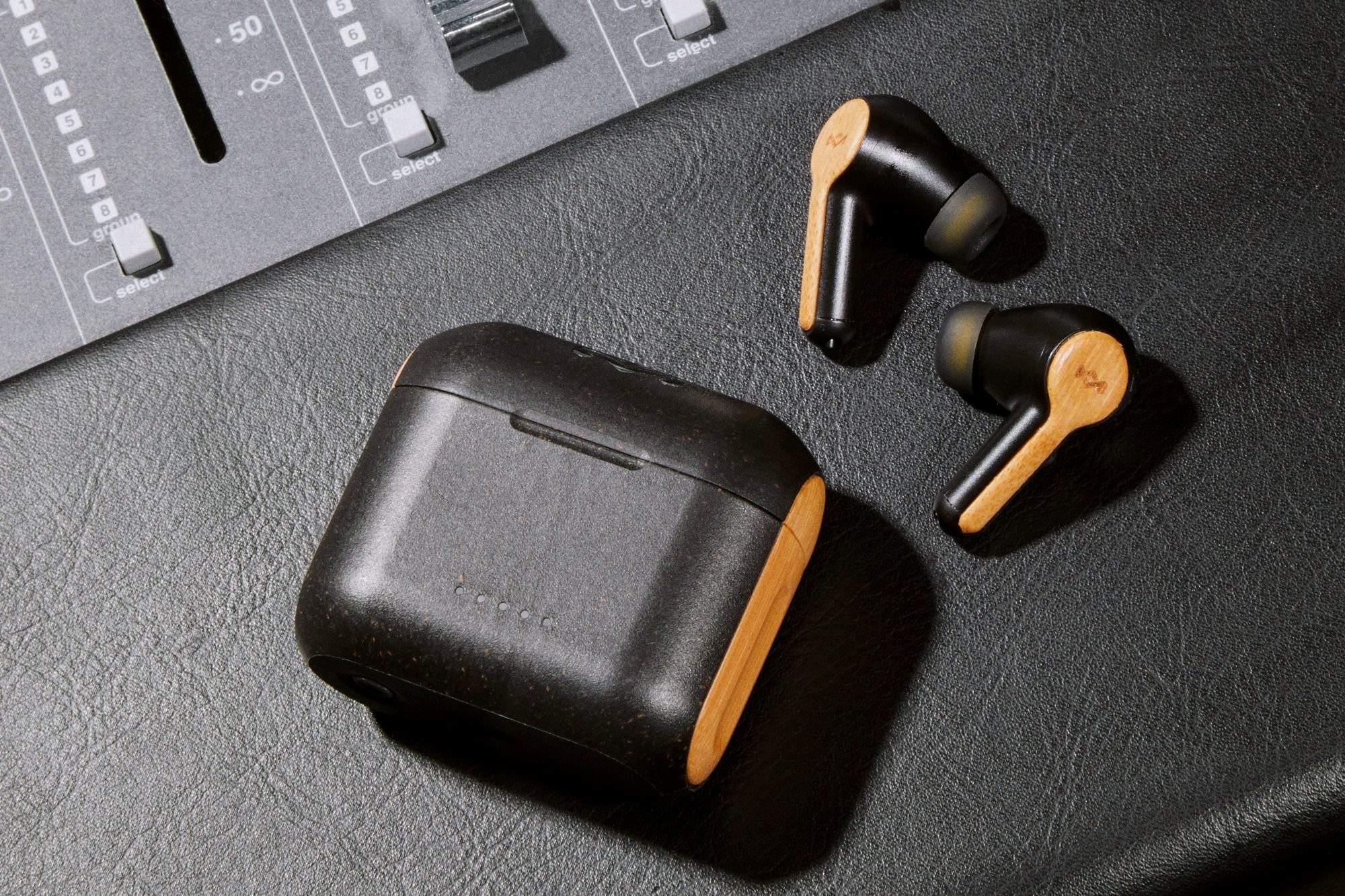 House of Marley Rebel True Wireless Earbuds seen outside of their charging case.