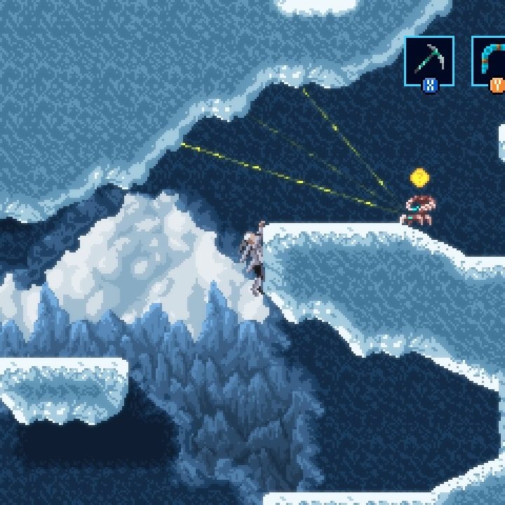 Axiom Verge 2's hero hangs on a cliffside.