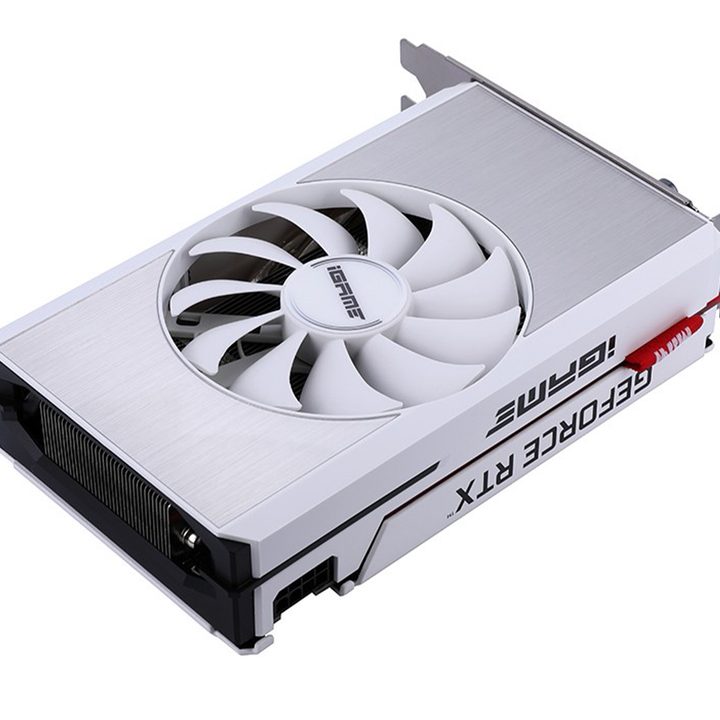 A mini RTX 3060 graphics card by Colorful, featuring a large white fan in the middle and a chrome sleeve.