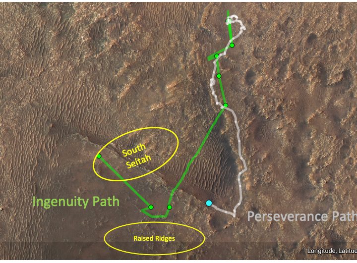 A map showing the movements of Ingenuity and Perseverance.