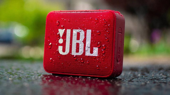 A wet JBL Go 2 speaker outside.