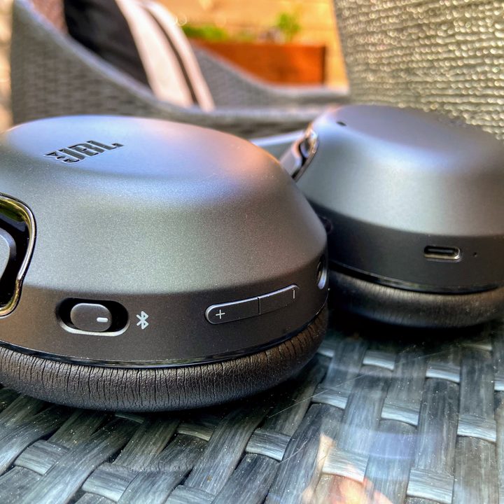 JBL Tour One wireless noise canceling headphones controls close-up.