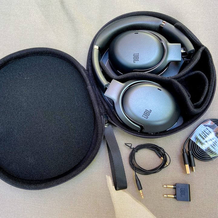 JBL Tour One wireless noise canceling headphones box contents.