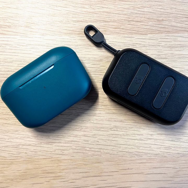 JLab Go Air Pop and Skullcandy Dime charging cases.