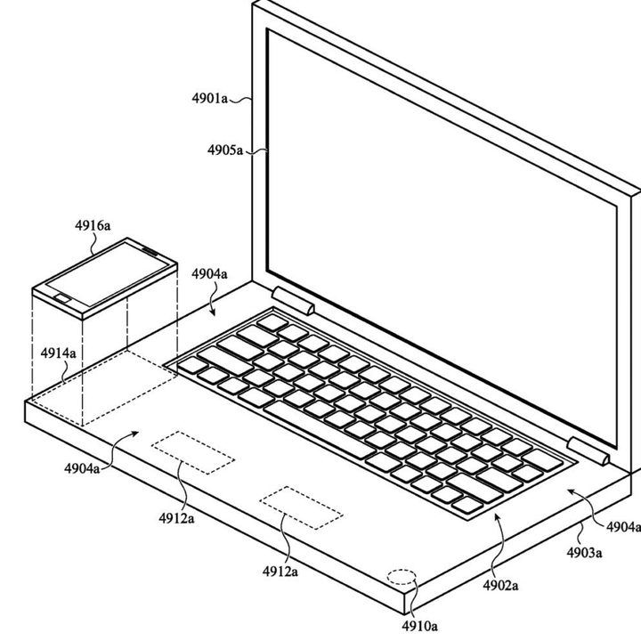 Picture of dual-display Apple patent with wireless charger.