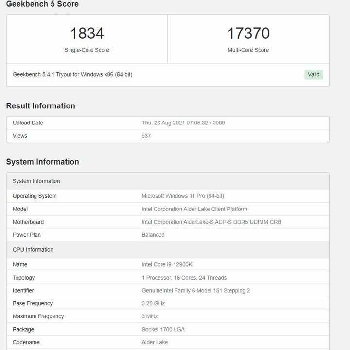 Geekbench results for an Intel Core i9-12900K in single-core and multi-core performance.