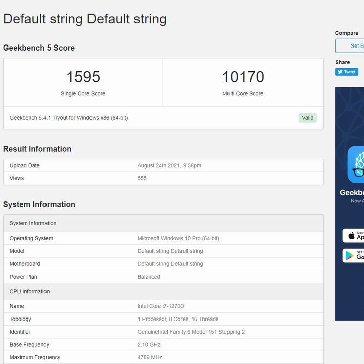 Geekbench result for i7-12700.