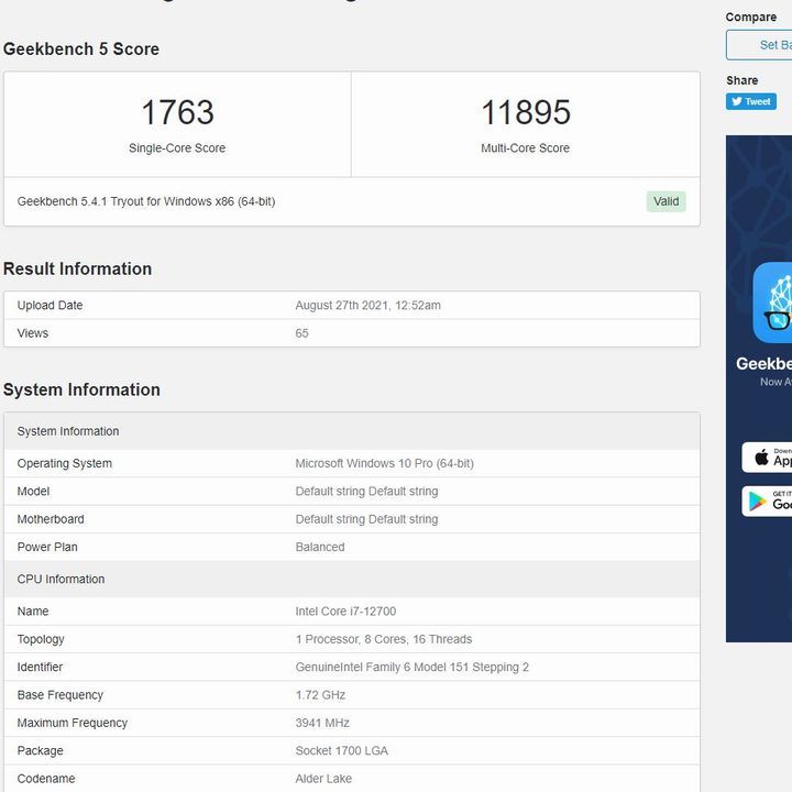 A leaked Geekbench Core i7-12700 result, showing single-core and multi-core performance.