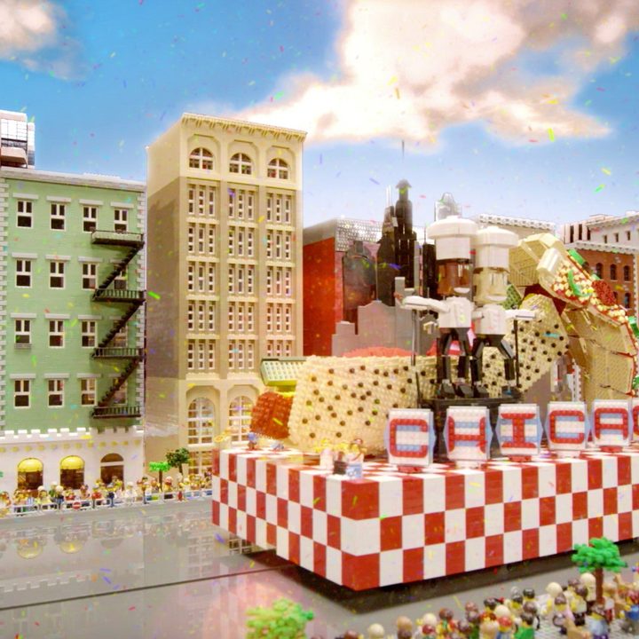 A parade scene made out of Lego from the season 2 premiere of Lego Masters.