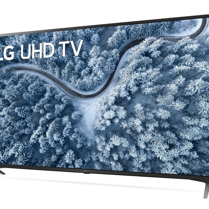 The LG 70UP7070PUE, a 70-inch 4K TV, showing a snowy scene on the display.