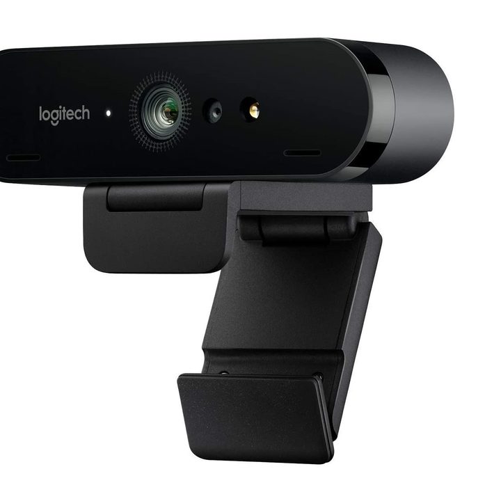 A close up view of a Logitech Brio Ultra HD webcam on a white background.