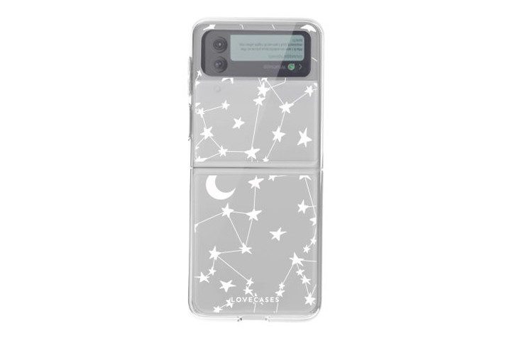 LoveCases Gel Case for the Samsung Galaxy Z Flip 3 in white stars and moon print.