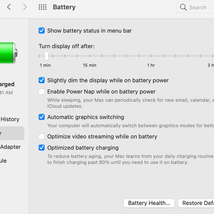 The battery section in MacBook settings.