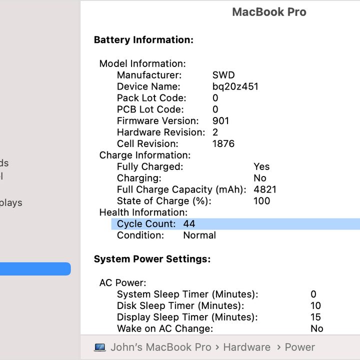 Battery information listed for a MacBook Pro.