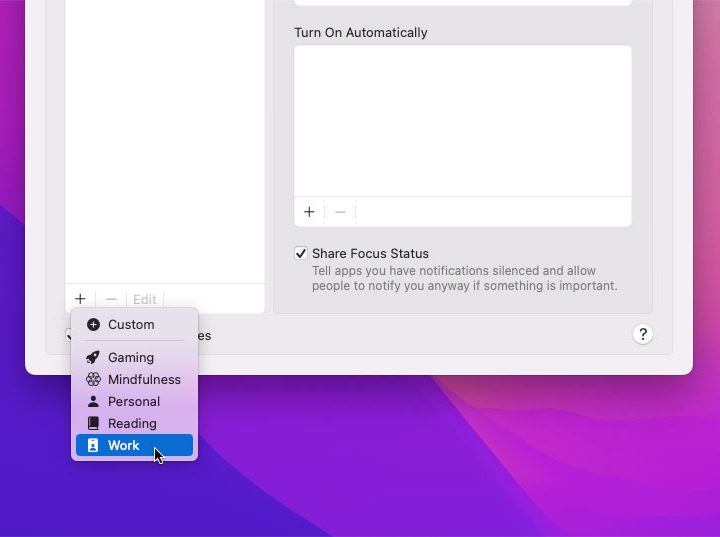 A list of Focus mode options and presets in MacOS Monterey.