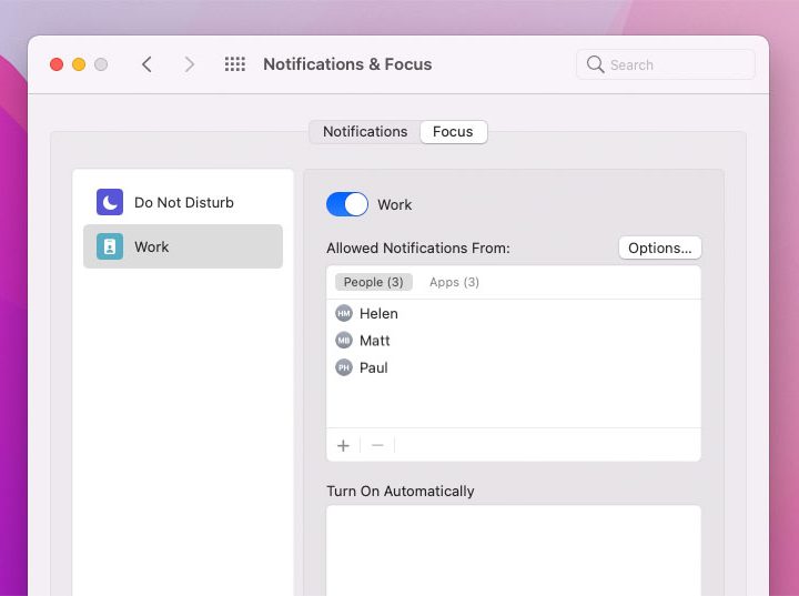 Focus mode in MacOS Monterey with a list of contacts who are permitted to contact the user.