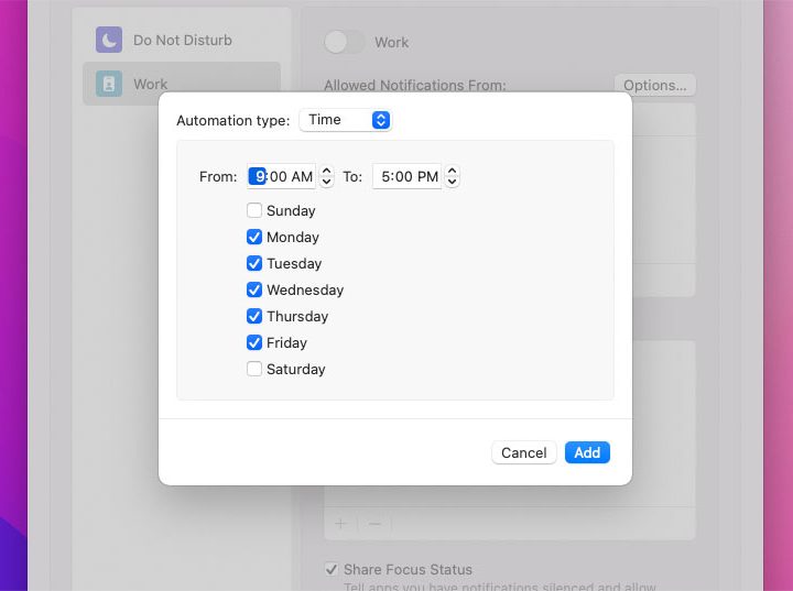 Setting a weekly schedule for Focus mode in MacOS Monterey.