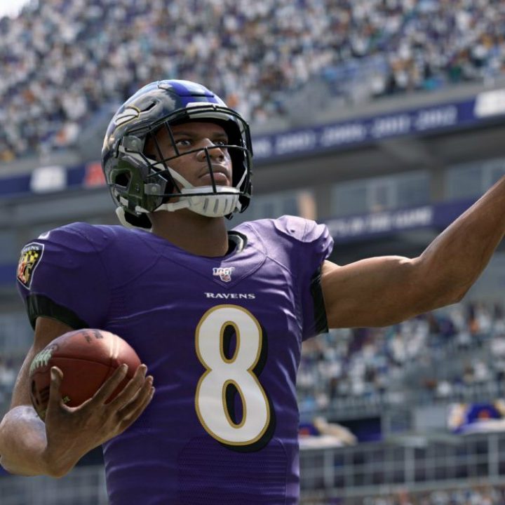 Lamar Jackson holding the football in Madden.