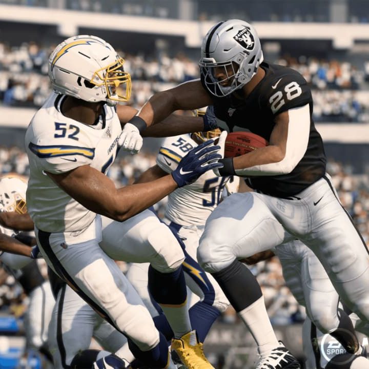 A Raiders player stiff arms a defender in Madden.