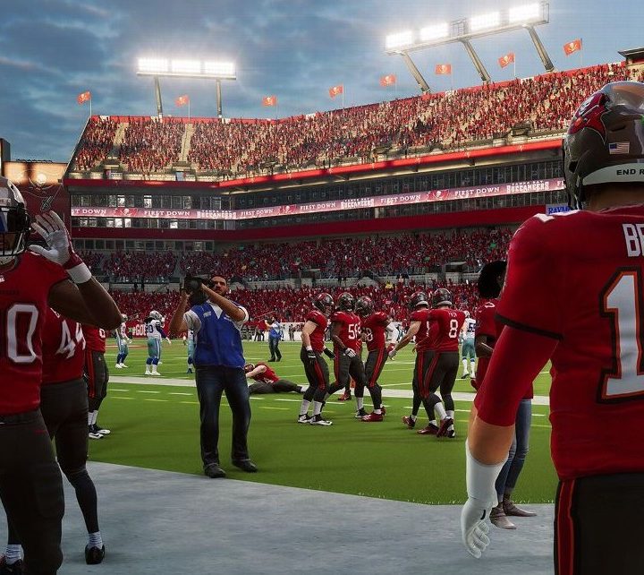Tom Brady walking out onto the field in Madden 22.