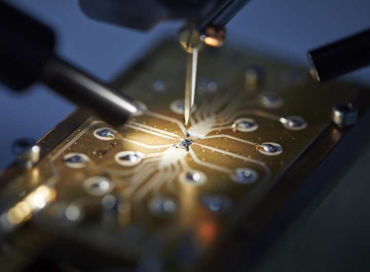 Spin qubit device being connected to circuit board in preparation for measurement.