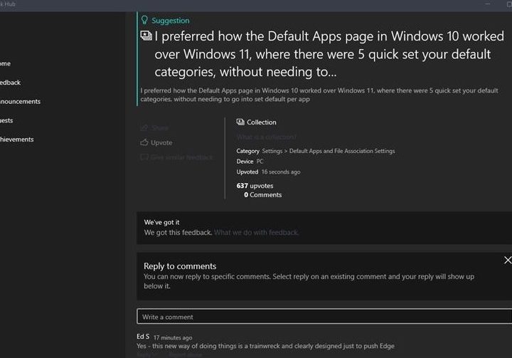 Complaint on Microsoft Insider feedback hub.