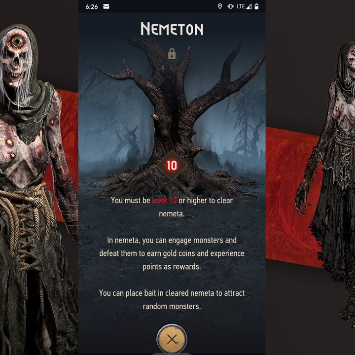 You must be level 10 to access the Nemeton in the Witcher Monster Slayer screen.