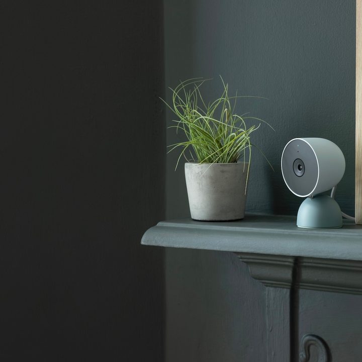 The Nest Cam Indoor on a shelf.
