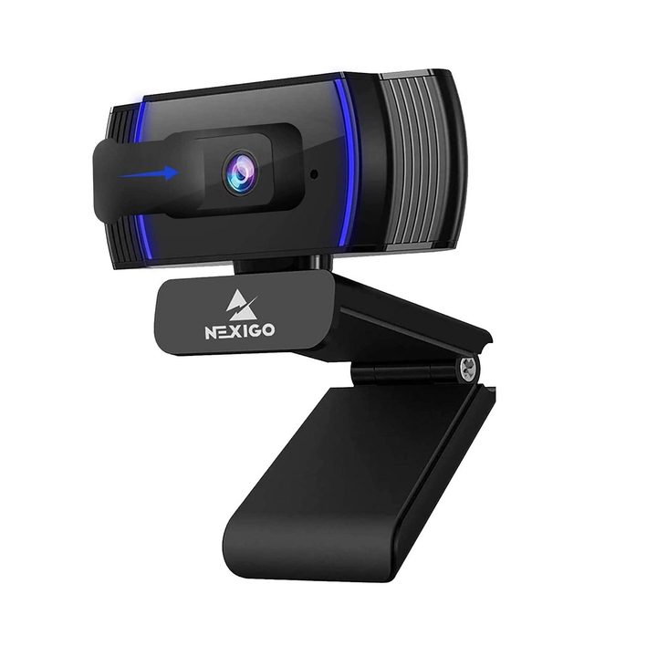The NexiGo Autofocus webcam with blue accents and its brand name logo on the front, all on a white background.