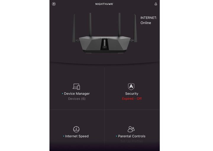 Nighthawk app showing the home screen.